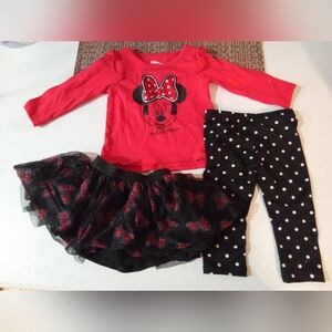 3pc Disney Minnie Oufit Set-3/4 Sleeve Shirt Polka-Dot Pants Ears Tutu Skirt Bow